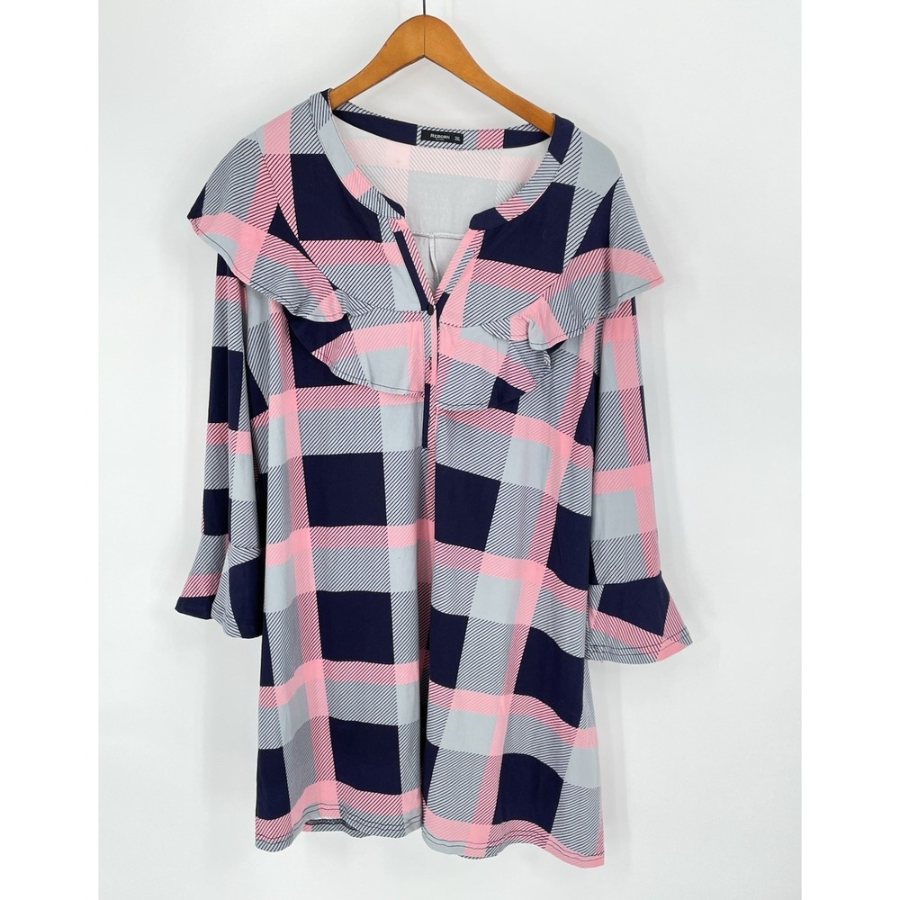 Reborn‎ Mini Shirt Dress 3XL Blue and Pink Checked Bell Sleeve Ruffle